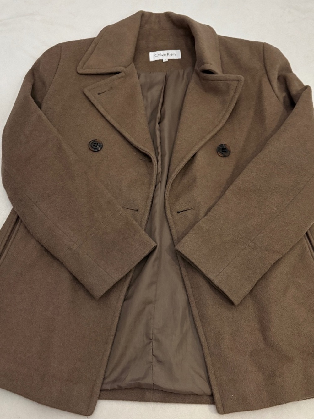 Calvin Klein Brown Double-Breasted Wool Blend Peacoat